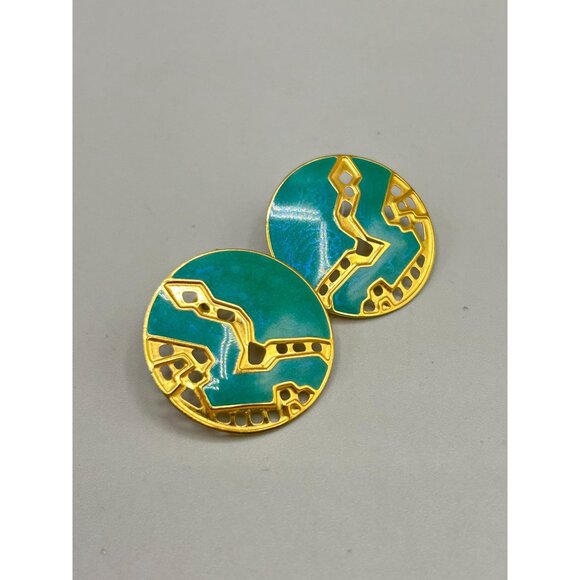 Berebi Earrings Gold Tone and Teal Blue Enamel Pierced Round Stud Earrings - Picture 3 of 6